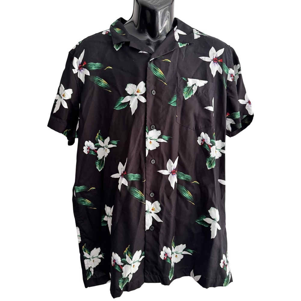 Marc Anthony Shirt Mens XL Black Floral Hawaiian Short Sleeve Slim Fit Button-Up